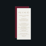 Elegant Minimalist Burgundy Gold Wedding Menu<br><div class="desc">An elegant minimalist dinner menu card for your wedding reception for features a burgundy and cream card with gold typography. Personalise with your names and wedding date. Would also be appropriate for an anniversary,  birthday or elegant dinner party.</div>