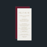 Elegant Minimalist Burgundy Gold Wedding Menu<br><div class="desc">An elegant minimalist dinner menu card for your wedding reception for features a burgundy and cream card with gold typography. Personalise with your names and wedding date. Would also be appropriate for an anniversary,  birthday or elegant dinner party.</div>