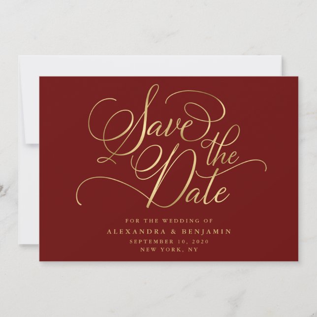 Elegant Minimalist Burgundy & Gold Wedding Save The Date (Front)