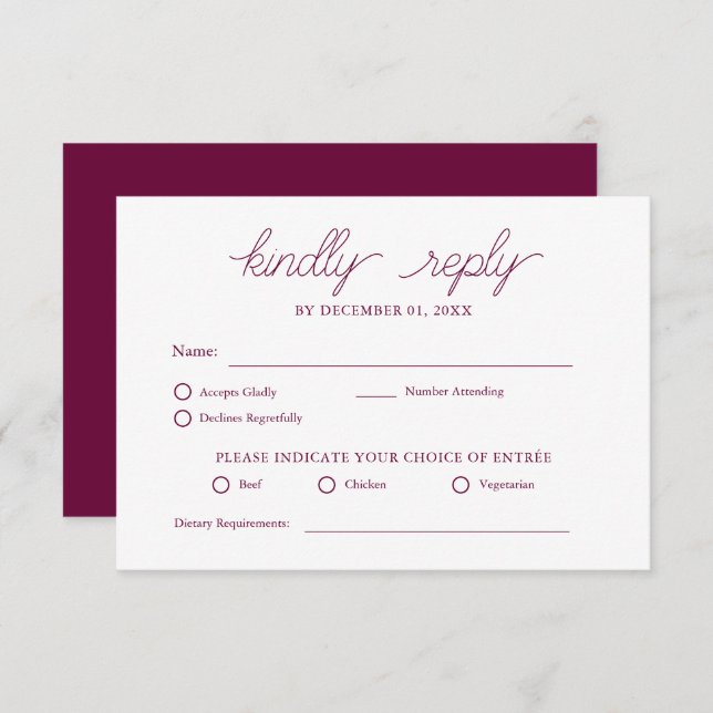 Elegant Minimalist Burgundy Modern Wedding RSVP (Front/Back)