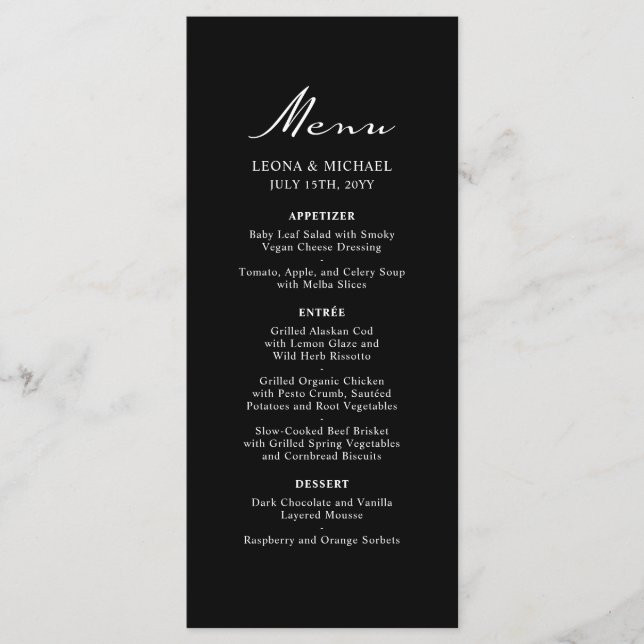 Elegant Minimalist Calligraphy Black Wedding Menu (Front)