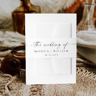 Elegant Minimalist Calligraphy Black White Wedding Invitation Belly Band