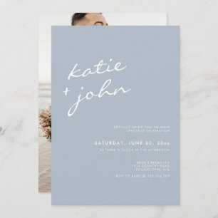 Elegant Minimalist Calligraphy Dusty Blue Wedding Invitation