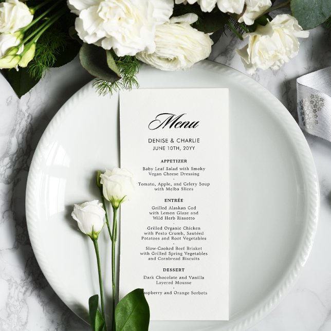 Elegant Minimalist Calligraphy White Wedding Menu (Creator Uploaded)