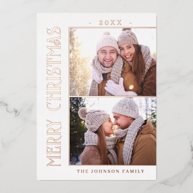 Elegant Minimalist Christmas 2 Photo Rose Gold Foil Holiday Card (Front)