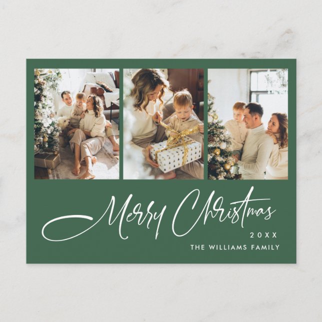 Elegant Minimalist Christmas 3 Photo Greeting Postcard (Front)
