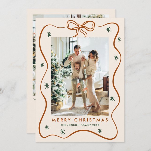 Elegant Minimalist Christmas Bow Ribbon 5 Photo Holiday Card (Front/Back)