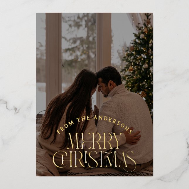 Elegant Minimalist Christmas | Modern Family Photo Foil Holiday Card (Front)