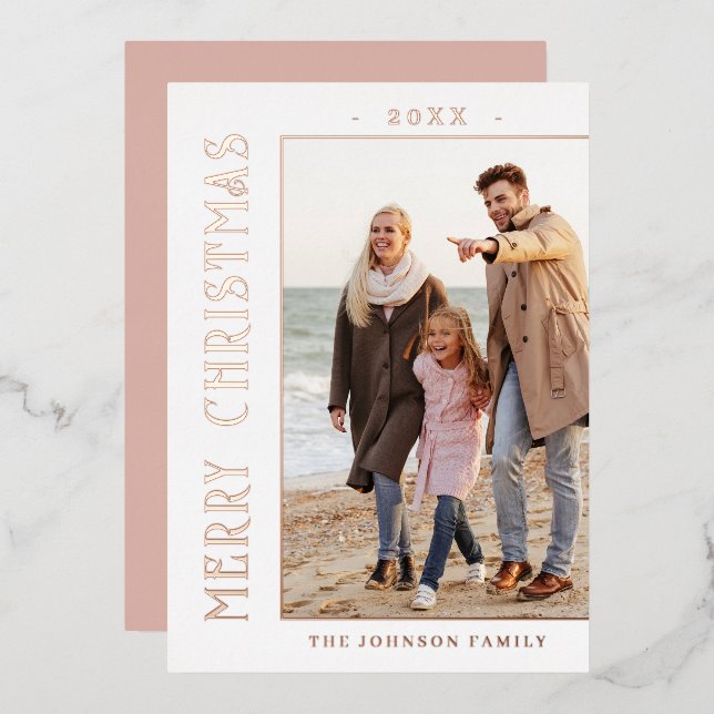 Elegant Minimalist Christmas Photo Rose Gold Foil Holiday Card (Front/Back)