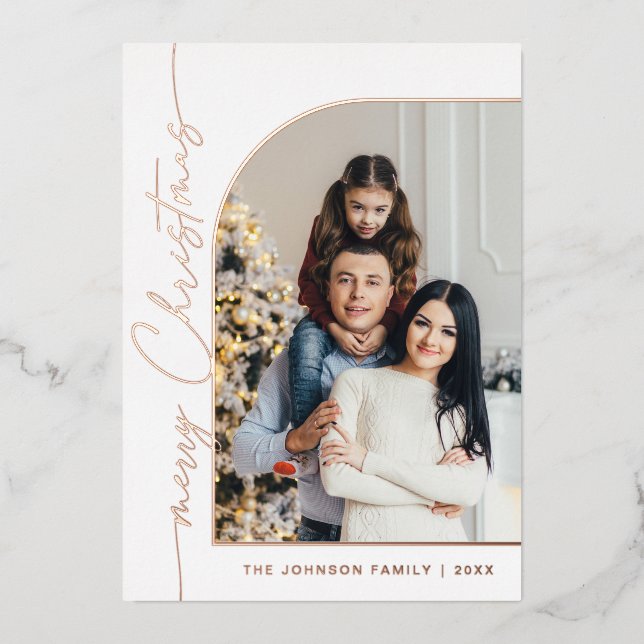 Elegant Minimalist Christmas Photo Rose Gold Foil Holiday Card (Front)