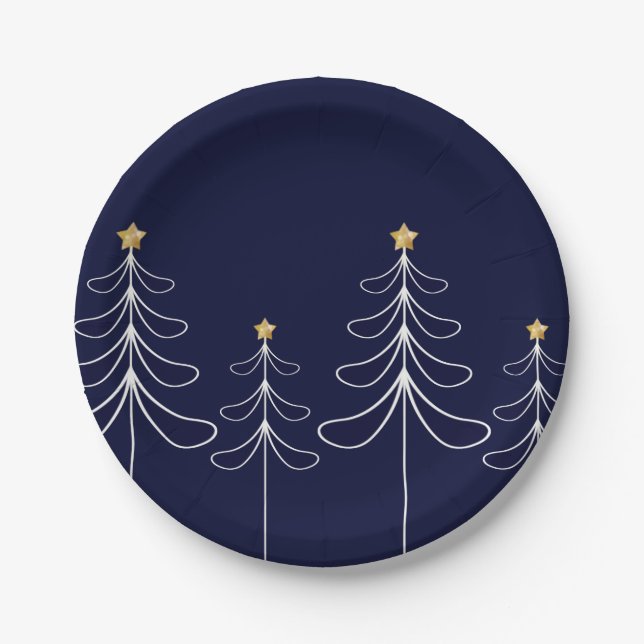 Elegant minimalist Christmas tree design blue Paper Plate (Front)