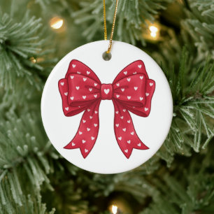 Elegant Minimalist Coquette Red Bow with Hearts Ceramic Ornament