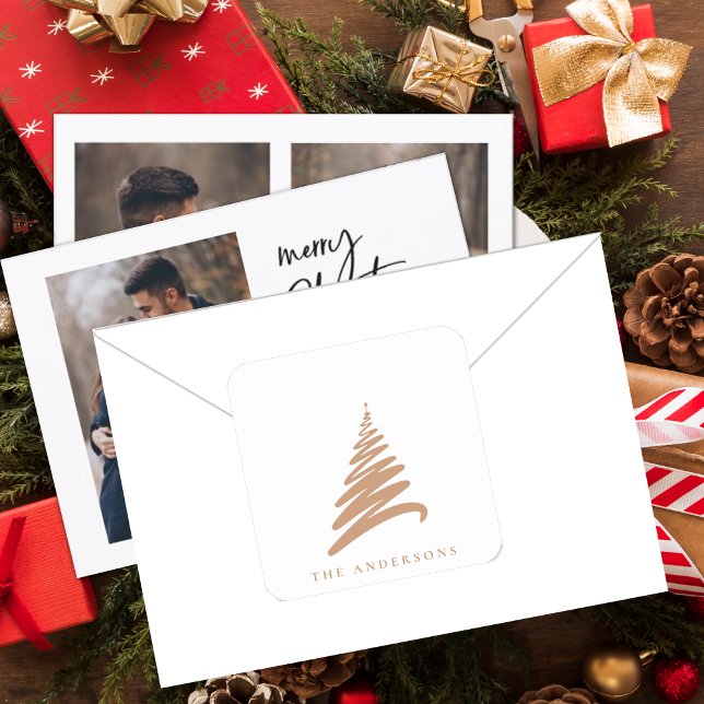 Elegant Minimalist Custom Name Gold Christmas Tree Square Sticker (Creator Uploaded)