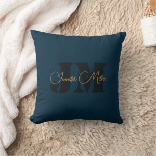 Elegant minimalist dark denim blue monogram design cushion