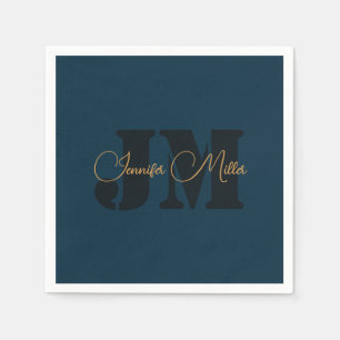Elegant minimalist dark denim blue monogram design napkin