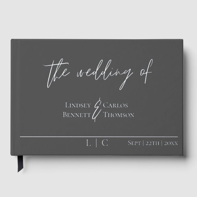 Elegant minimalist dark grey calligraphy foil guest book (Front)