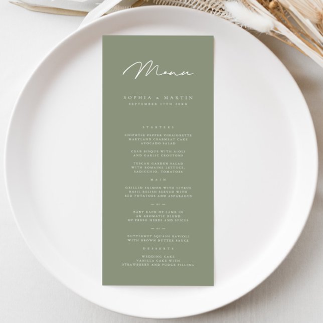 Elegant Minimalist Dark Grey Olive Wedding Menu (Creator Uploaded)