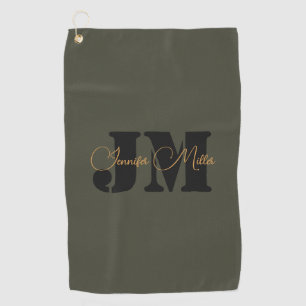 Elegant minimalist dark olive monogram design golf towel