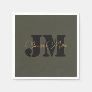 Elegant minimalist dark olive monogram design napkin