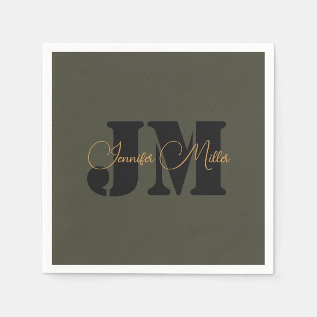 Elegant minimalist dark olive monogram design napkin (Front)