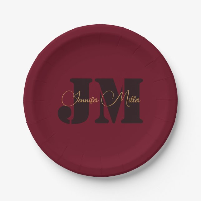 Elegant minimalist deep burgundy monogram design paper plate (Front)