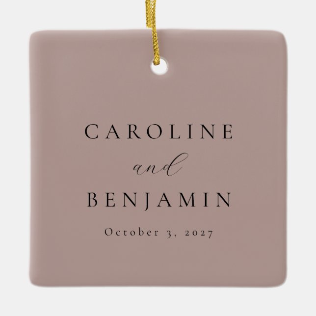 Elegant Minimalist Dusty Mauve Calligraphy Wedding Ceramic Ornament (Front)