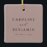 Elegant Minimalist Dusty Mauve Wedding Favor Ceramic Ornament<br><div class="desc">This wedding favor tag features a warm mauve background with clean black typography showcasing the couple’s names and wedding date. The minimalist layout and simple font pairing create an elegant, timeless look that works with any wedding style. Perfect for favor bags, welcome boxes, or small gifts for guests. A refined...</div>