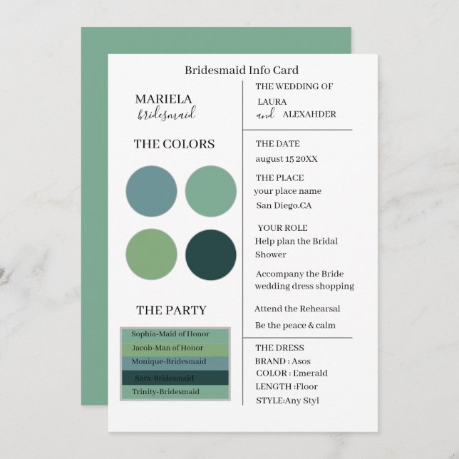 Elegant Minimalist Emerald Bridesmaid Invitation (Front/Back)