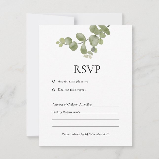 Elegant Minimalist Eucalyptus Wedding RSVP Card (Front)