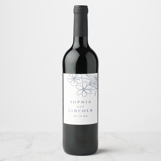 Elegant Minimalist Floral Drawing Wedding  Wine Label (Front)