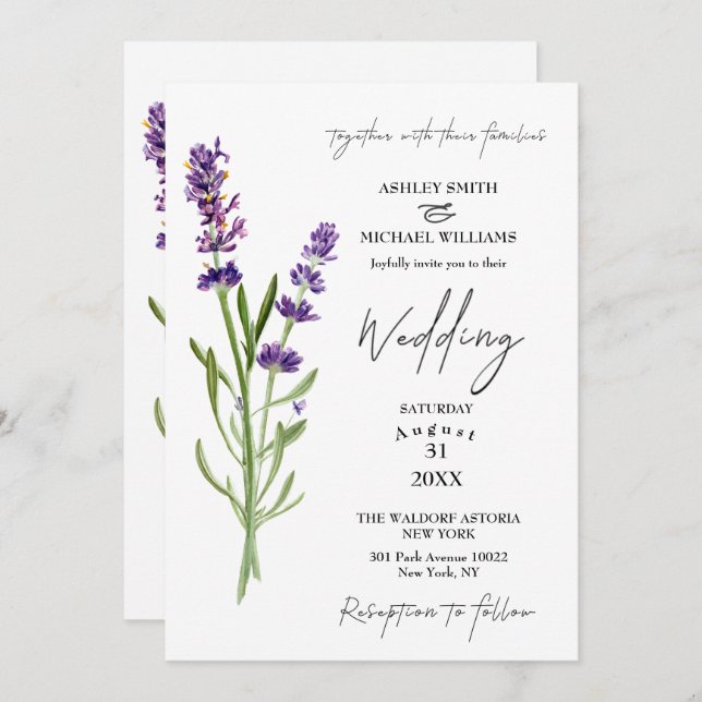 Elegant Minimalist Floral Lavender Wedding Invitation (Front/Back)