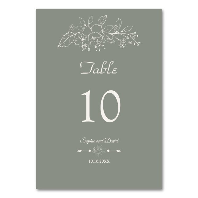 Elegant Minimalist Floral Sage Green Wedding Table Number (Front)