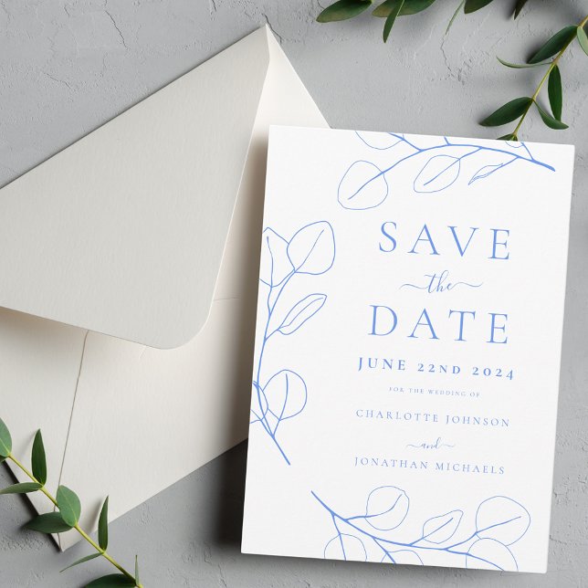 Elegant Minimalist Foliage Blue Wedding Save The Date (Stylish minimalist eucalyptus leaves blue wedding inviation)
