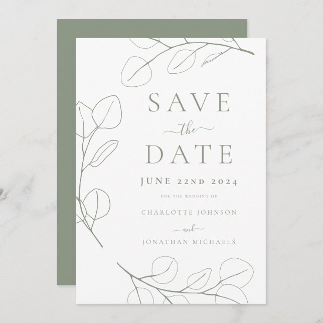 Elegant Minimalist Foliage Sage Green Wedding Save The Date (Front/Back)