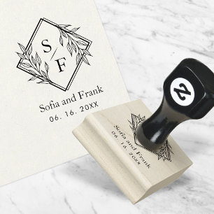 Elegant Minimalist Foliage Wedding Monogram Rubber Stamp