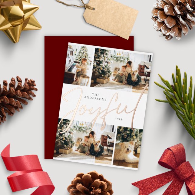 Elegant Minimalist Four Photo Joyful Christmas Foil Holiday Card (Creator Uploaded)