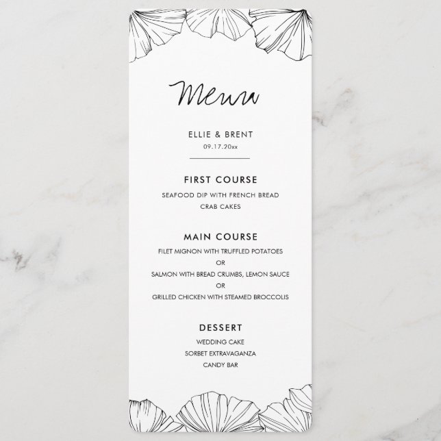 Elegant minimalist Ginkgo Biloba wedding Menu (Front)
