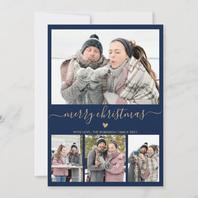 Elegant Minimalist Gold and Navy 4 Photo Christmas Holiday Card (Front)