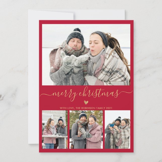 Elegant Minimalist Gold and Red 4 Photo Christmas Holiday Card (Front)