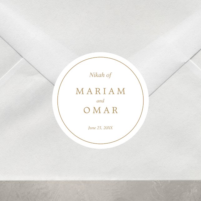 Elegant Minimalist Gold Border Islamic Wedding Classic Round Sticker (Creator Uploaded)