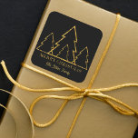 Elegant Minimalist Gold Christmas Trees on Black Square Sticker<br><div class="desc">Add a touch of elegance to your holiday gifts with this customisable Christmas sticker. It features a black background adorned with four golden Christmas trees, creating a festive atmosphere. Personalise it with your family name in yellow text, making each gift truly special. Celebrate the holiday season with this unique and...</div>