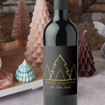 Elegant Minimalist Gold Christmas Trees on Black Wine Label<br><div class="desc">Add a touch of elegance to your holiday celebrations with this customisable Christmas wine bottle label. Set against a chic black backdrop, four golden Christmas trees stand tall, their modern zigzag design catching the eye. Below, the words "Merry Christmas" are written in a stylish modern golden font. But the highlight...</div>
