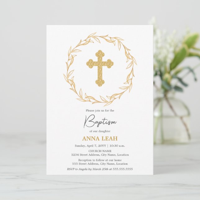 Elegant Minimalist Gold Cross Wreath Baptism Invitation (Standing Front)