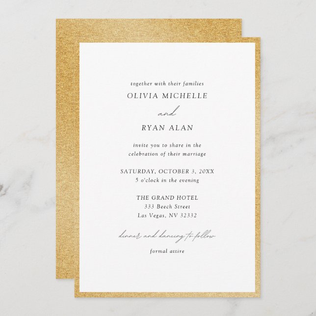 Elegant Minimalist Gold Glitter Wedding Invitation (Front/Back)