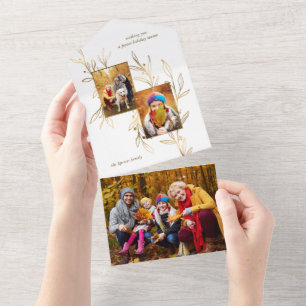 Elegant Minimalist Gold Line Drawn Leaves 2-Photo All In One Invitation