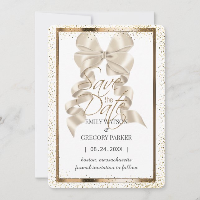 Elegant minimalist gold ribbon save the date (Front)