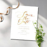 Elegant Minimalist Gold Script Save the Date Postcard<br><div class="desc">This minimalist save the date card features an elegant script save the date above your details set in elegant gold typography. The reverse has additional save the date details,  including your wedding website,  with your return address and space for your recipient's address. Designed by Thisisnotme©</div>