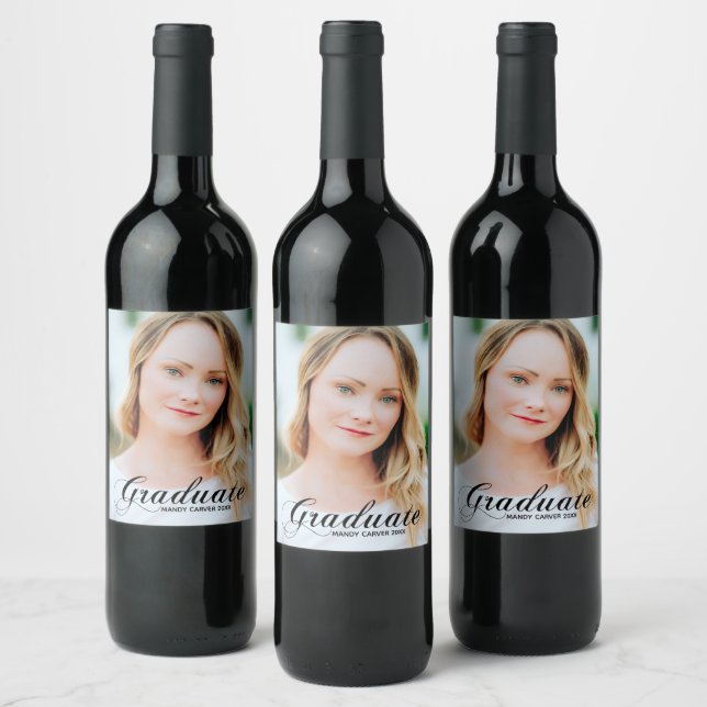 Elegant Minimalist Graduate Photo Graduation Party Wine Label (Bottles)