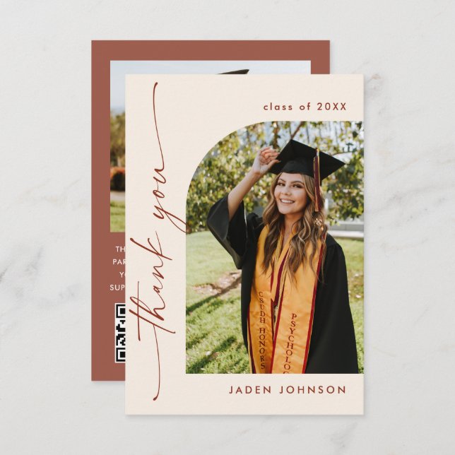 Elegant Minimalist Graduation 2 Photo QR code Thank You Card (Front/Back)