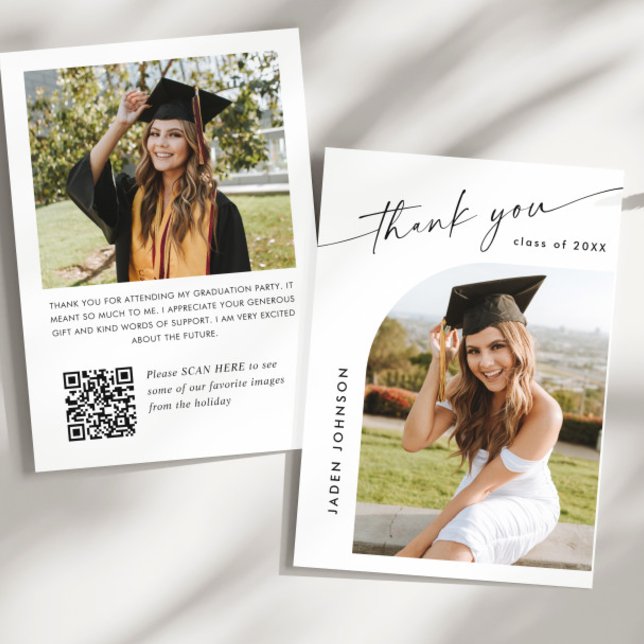 Elegant Minimalist Graduation 2 Photo QR code Thank You Card (Creator Uploaded)